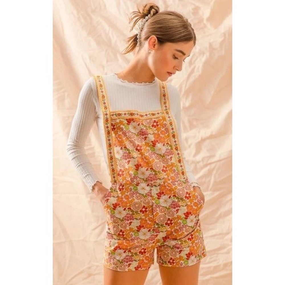 So Me Floral Romper Women Medium Orange Yellow Retro 70s Cotton Boho Cottagecore
